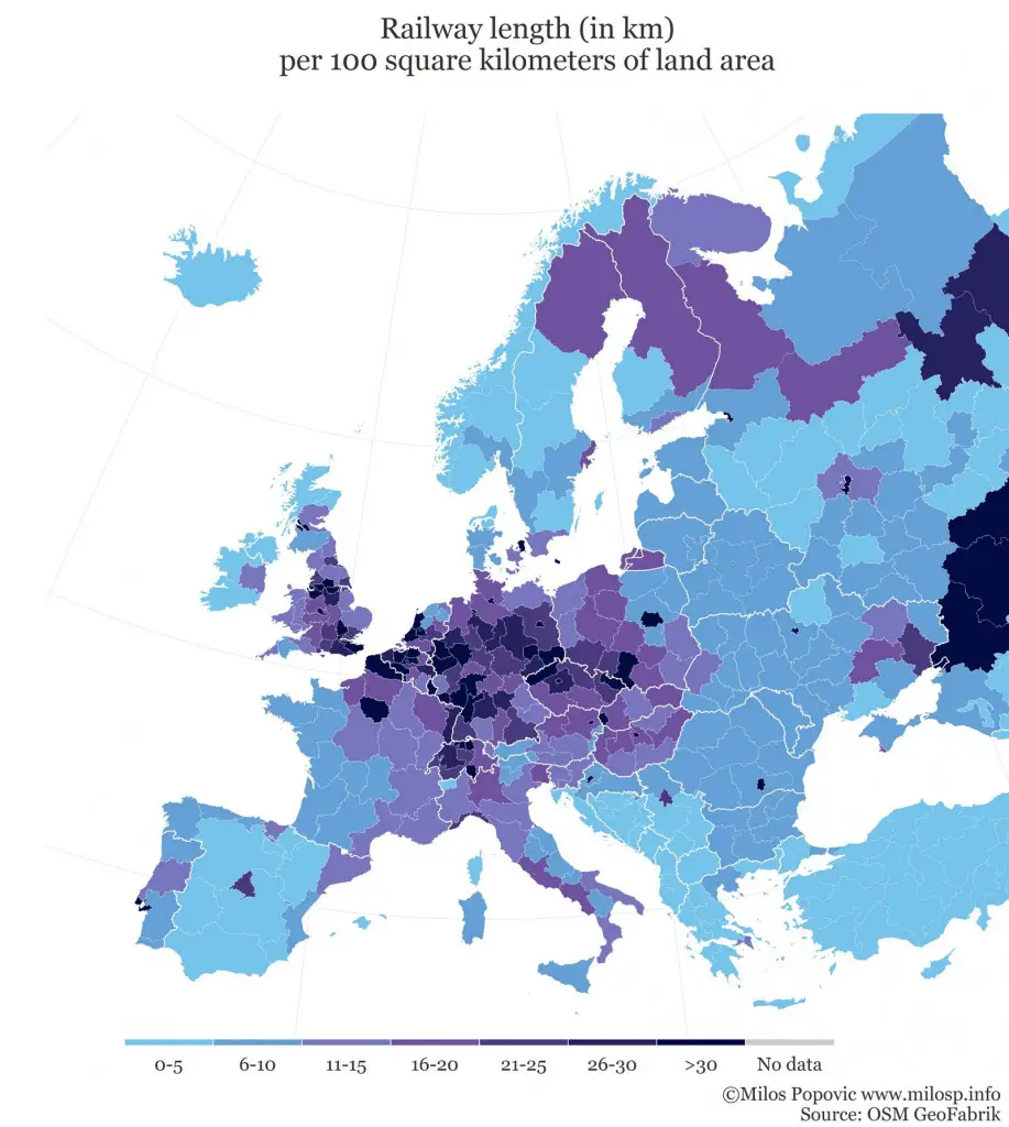 Railroad density in Europe (kilometers of rail per 100 sq. km of land area)