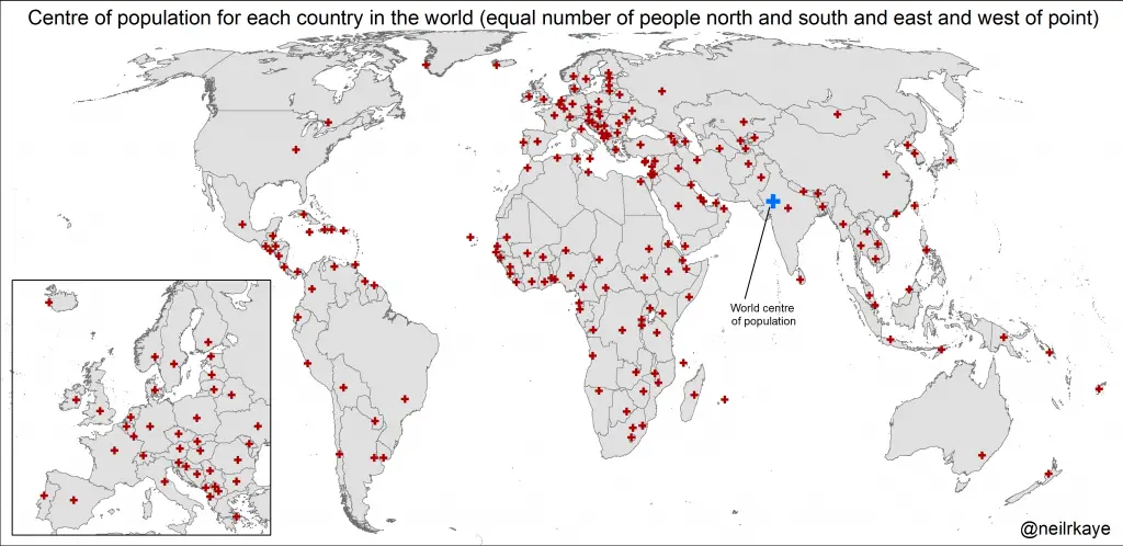 Map of the centre of the population for every nation in the world