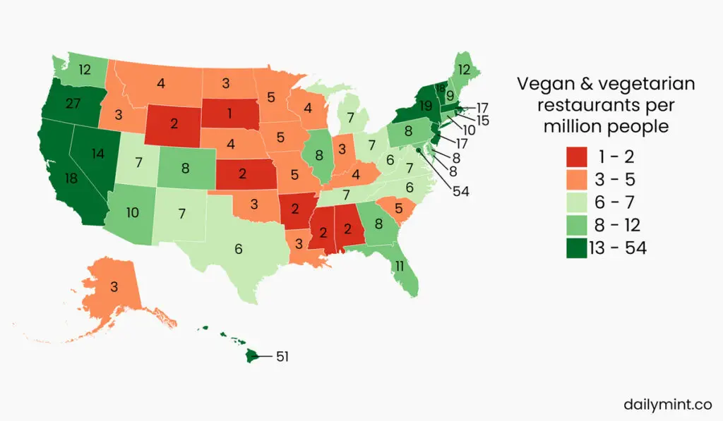 Map of U.S. of the most vegetarian & vegan-friendly states