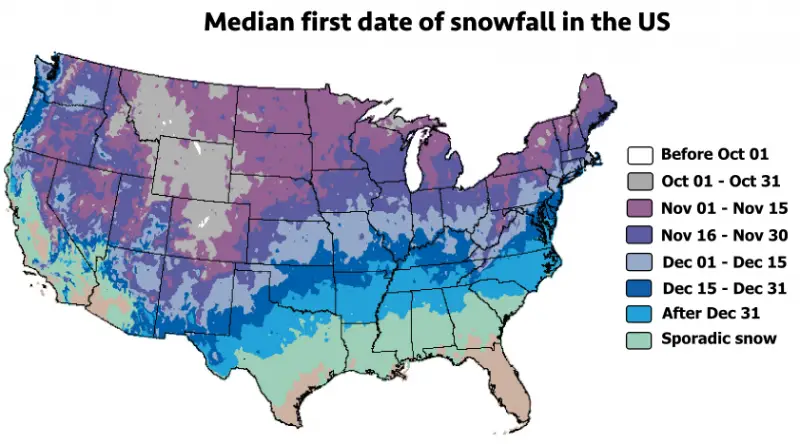 Map of the first snowfall in the United States