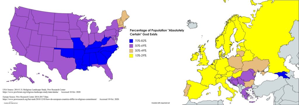 Percentage of Population "Absolutely Certain" God Exists: US. vd. Europe