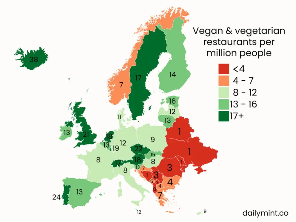 Map of Europe of the most vegetarian & vegan-friendly countries