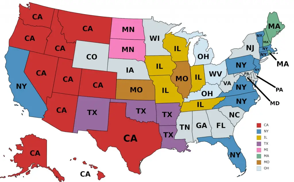 Map of the source of the most residents born out-of-state