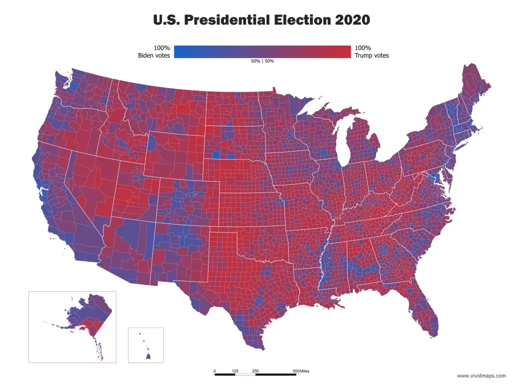 Choropleth unclassed blended hue map of U.S. Presidential election 2020