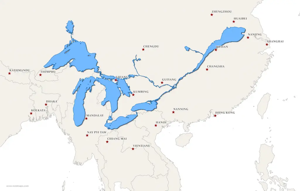 The Great Lakes and Saint Lawrence River superimposed on a map of East Asia