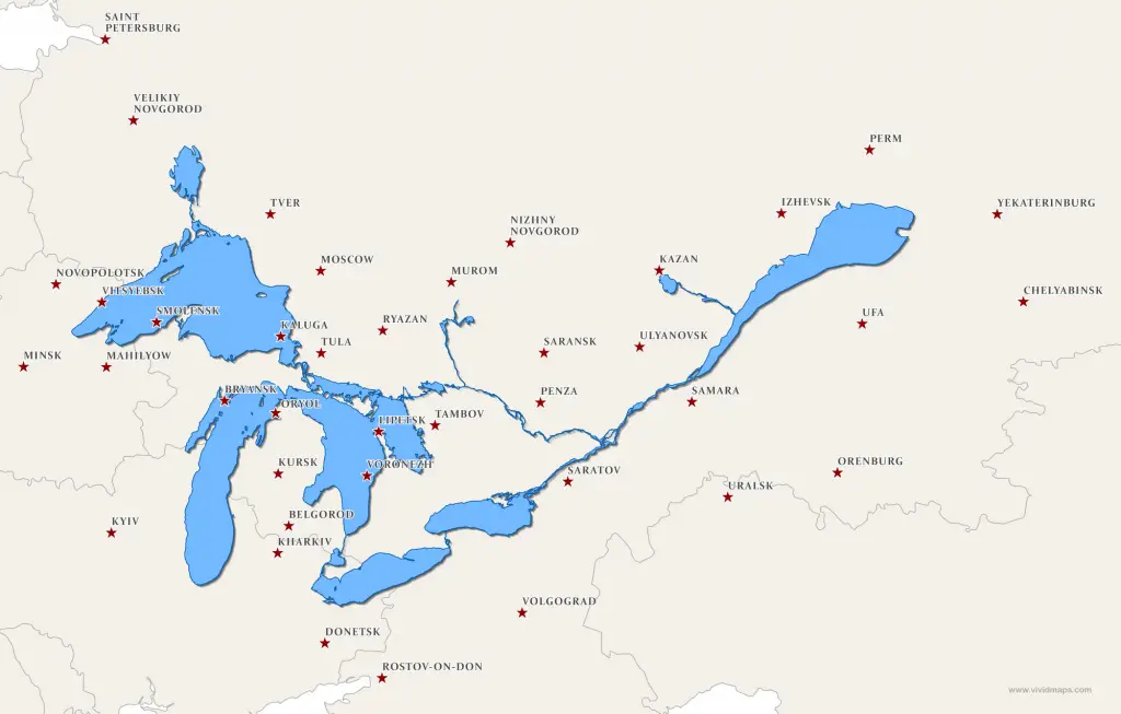 The Great Lakes and Saint Lawrence River superimposed on a map of Eastern Europe