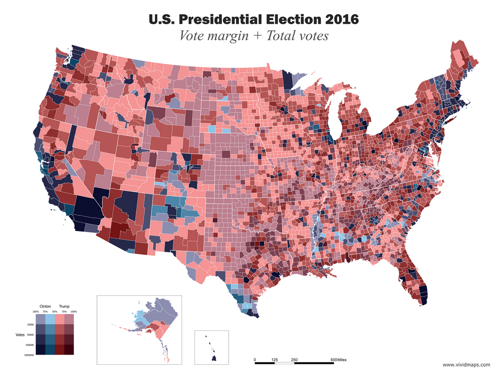 Map of U.S. Presidential Election 2016 (Vote margin + Total Votes)