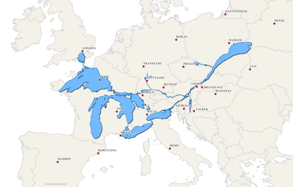 The Great Lakes and St. Lawrence River overlaid on a map of Europe