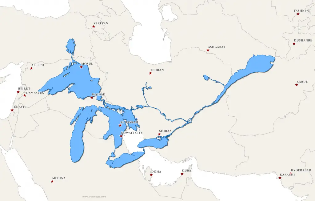 The Great Lakes and Saint Lawrence River superimposed on a map of the Middle East