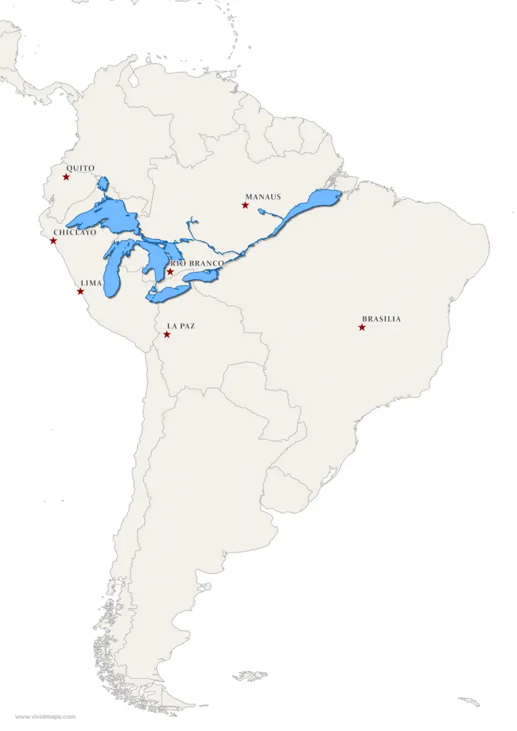 The Great Lakes and Saint Lawrence River superimposed on a map of South America