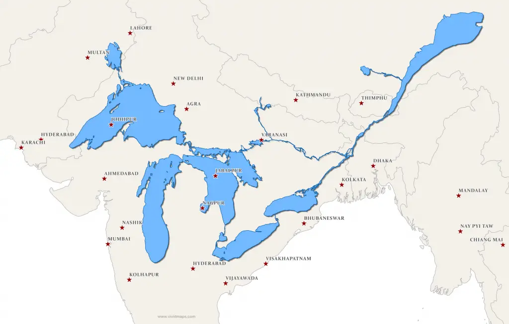 The Great Lakes and Saint Lawrence River superimposed on a map of South Asia