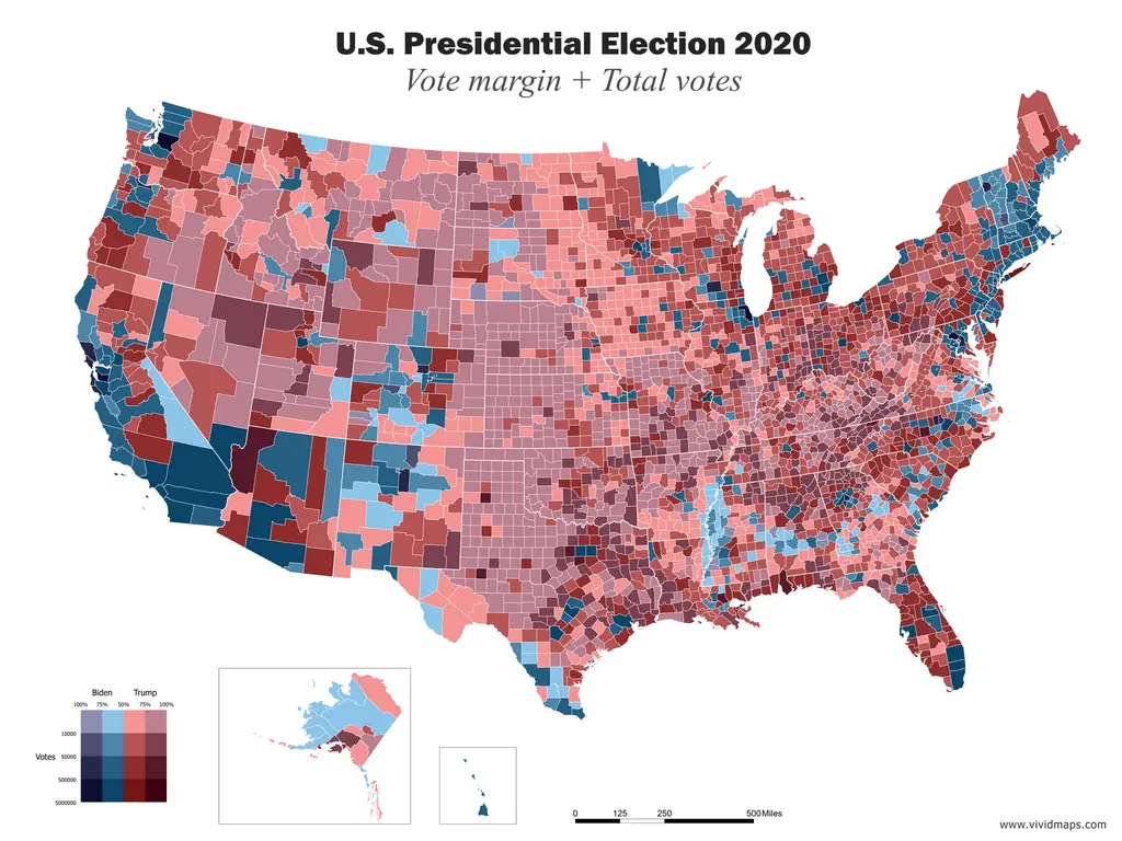 Map of U.S. Presidential Election 2020 (Vote margin + Total Votes)