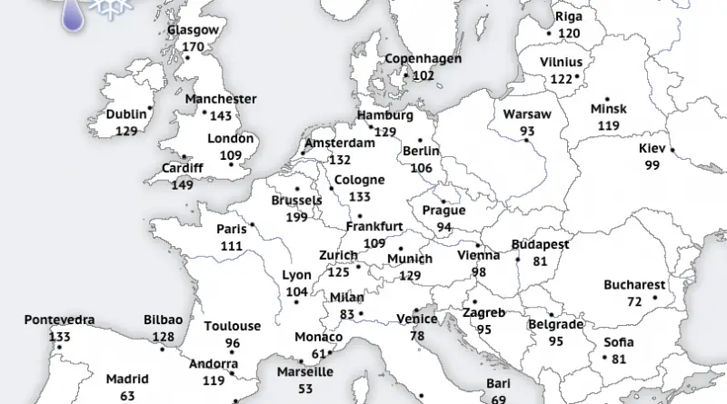 Map of the average number of days per year with precipitation in Europe