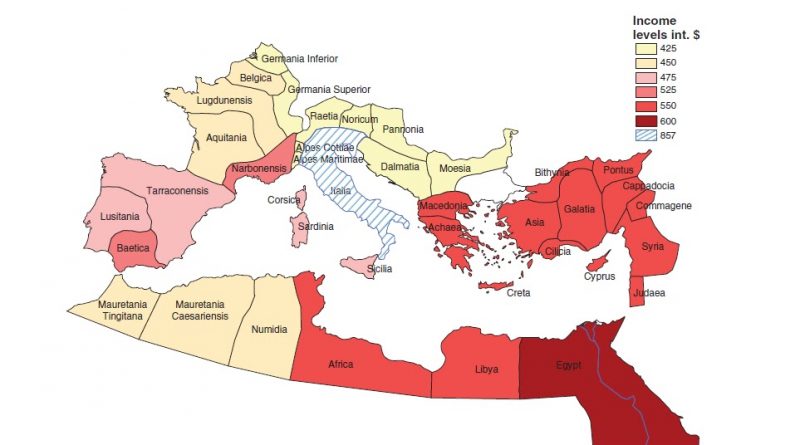 Map of per capita income in the provinces of the Roman Empire in 1440