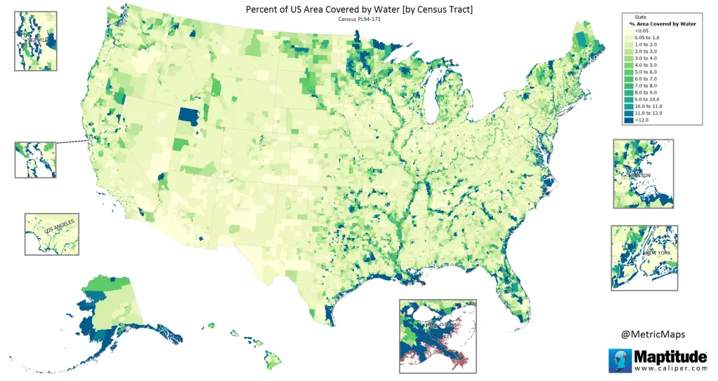 Map of the US Area covered by water