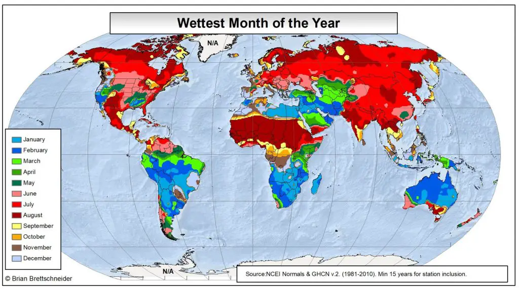 Map of wettest month of the year