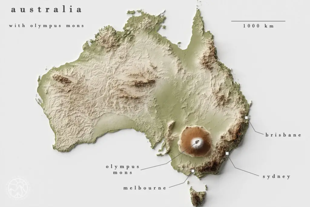 Map of Olympus Mons compared to Australia