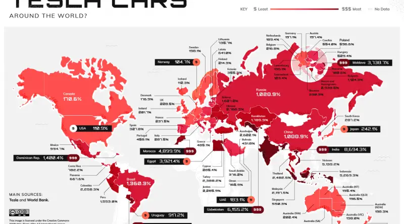 Map of Tesla Worldwide Index Price vs Local wages