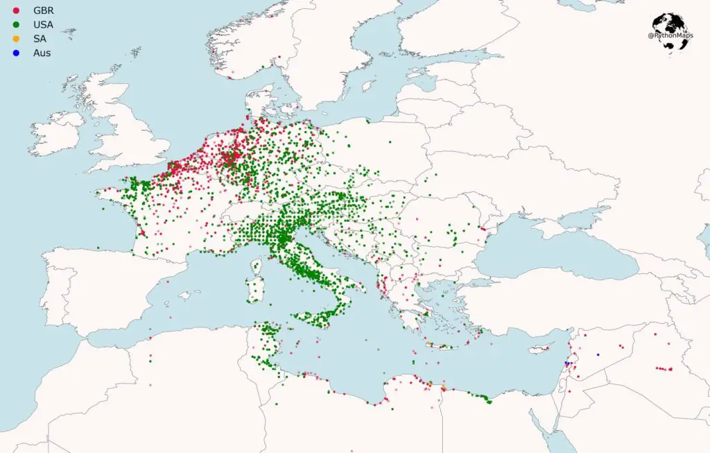 Map of western allies air missions through WW II