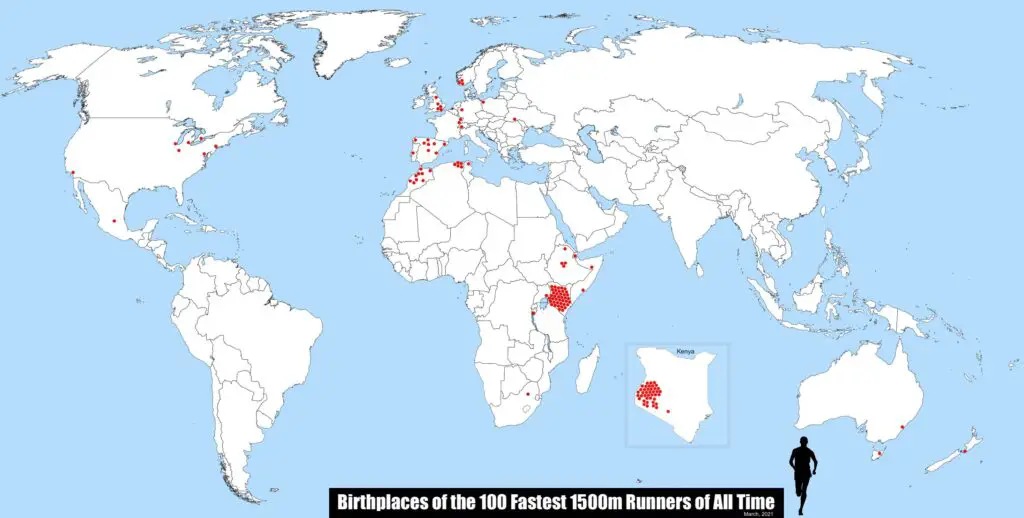 Map of birthplaces of the 100 Fastest 1500m Runners of All Time