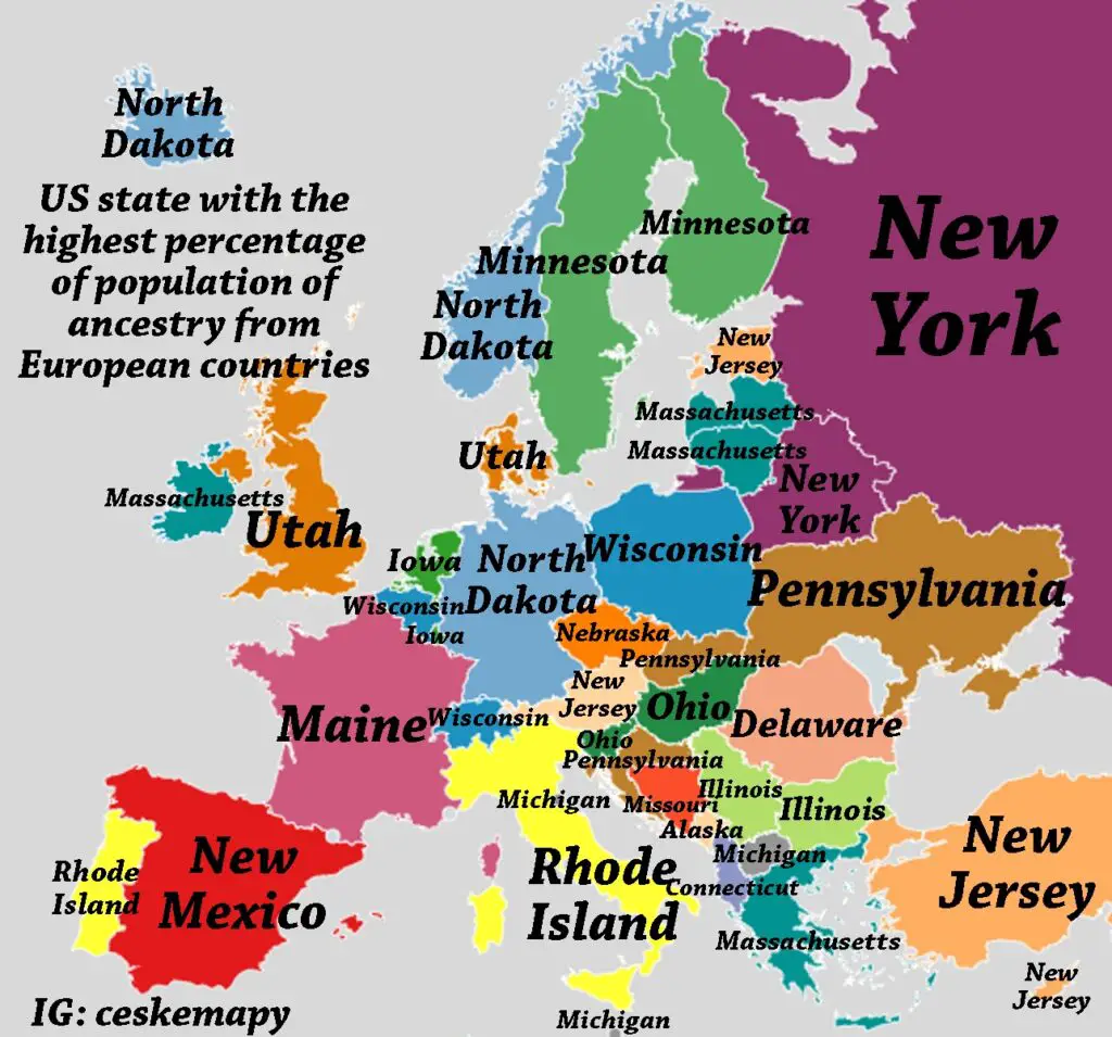 Map of U.S. State With the Highest Percentage of Population of Ancestry from European Countries