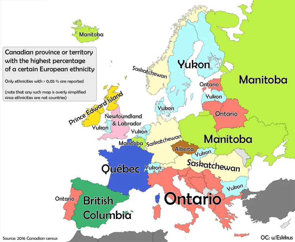 Provinces and territories with the highest percentage of a specific European ethnicity