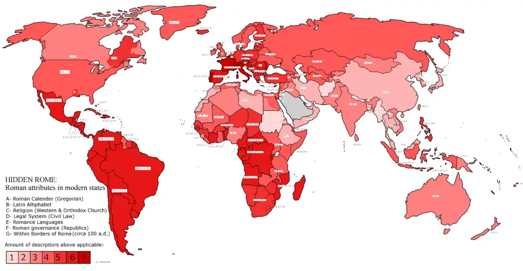 Map of Roman attributes in modern states