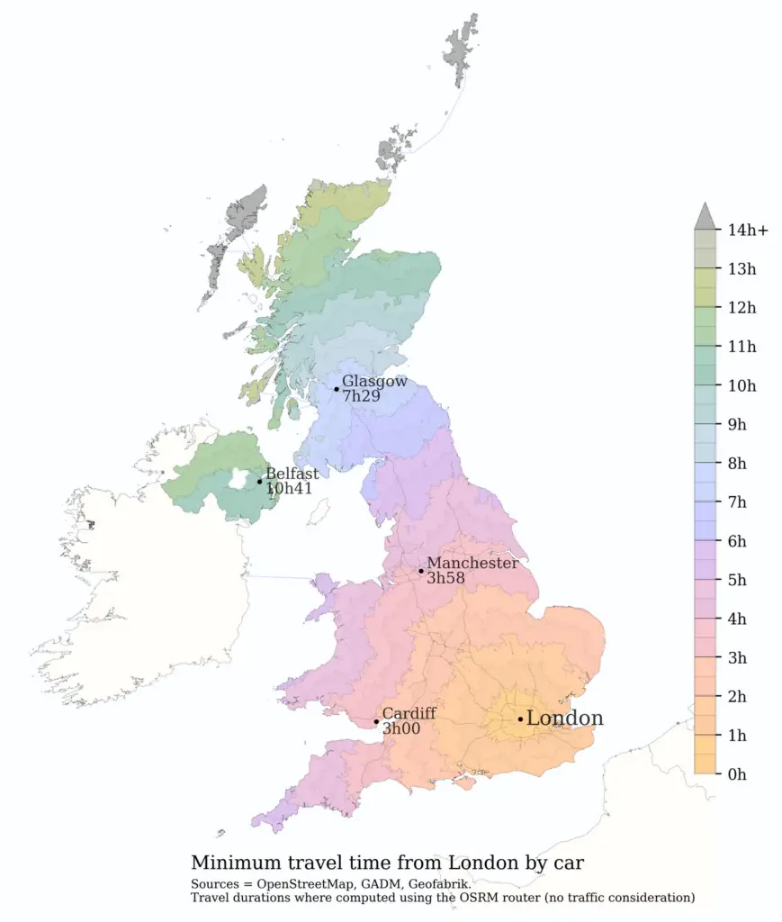 Map of minimum jorney time from London by car