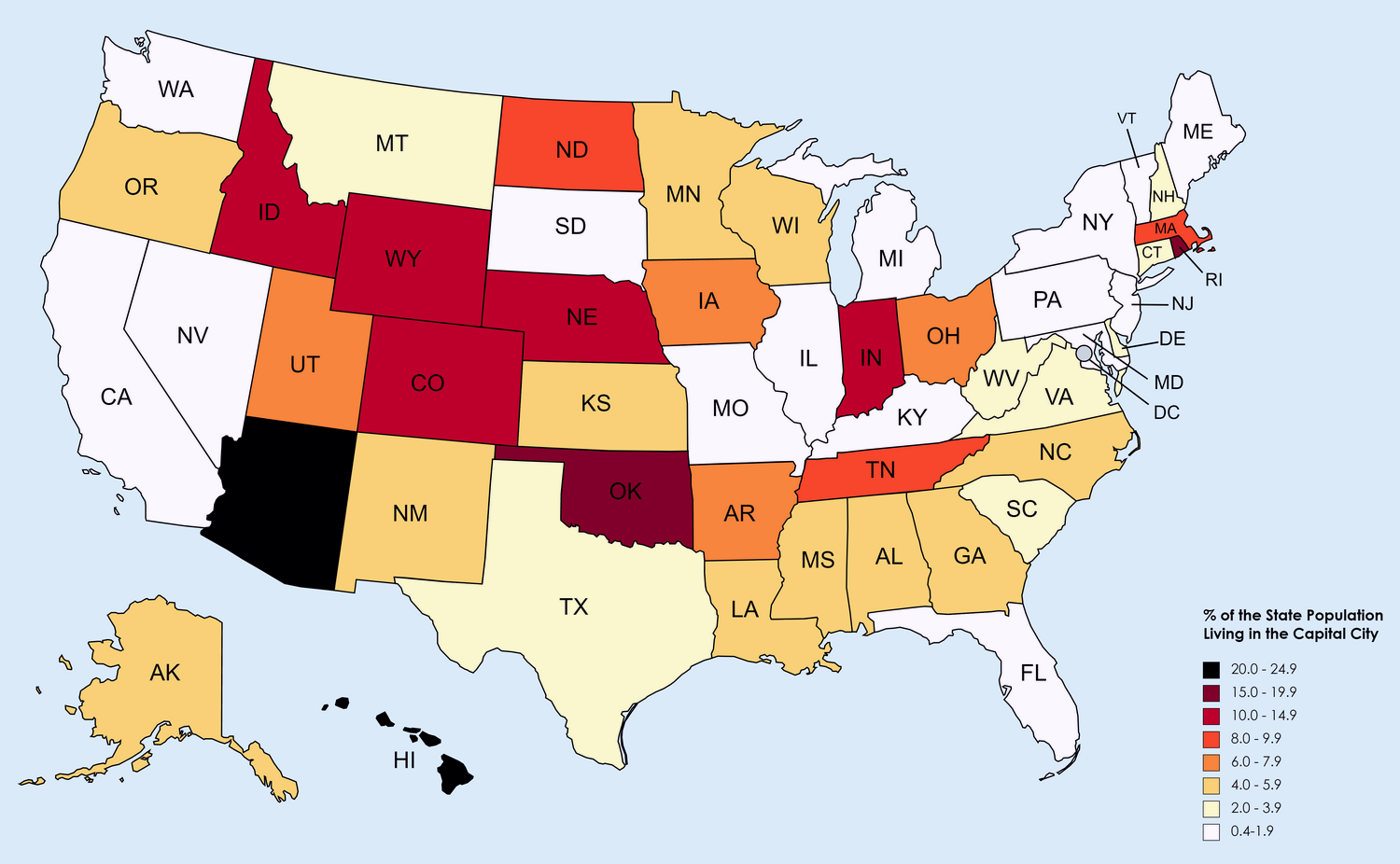 Percentage Of U S State Population Living In State Capital 