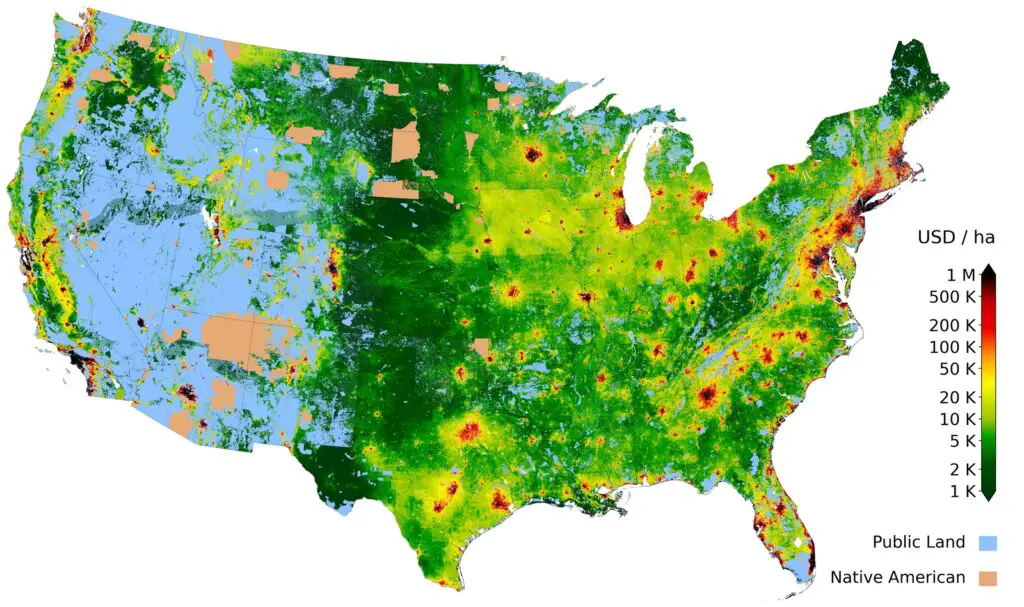 Map of the value of private land in the United States