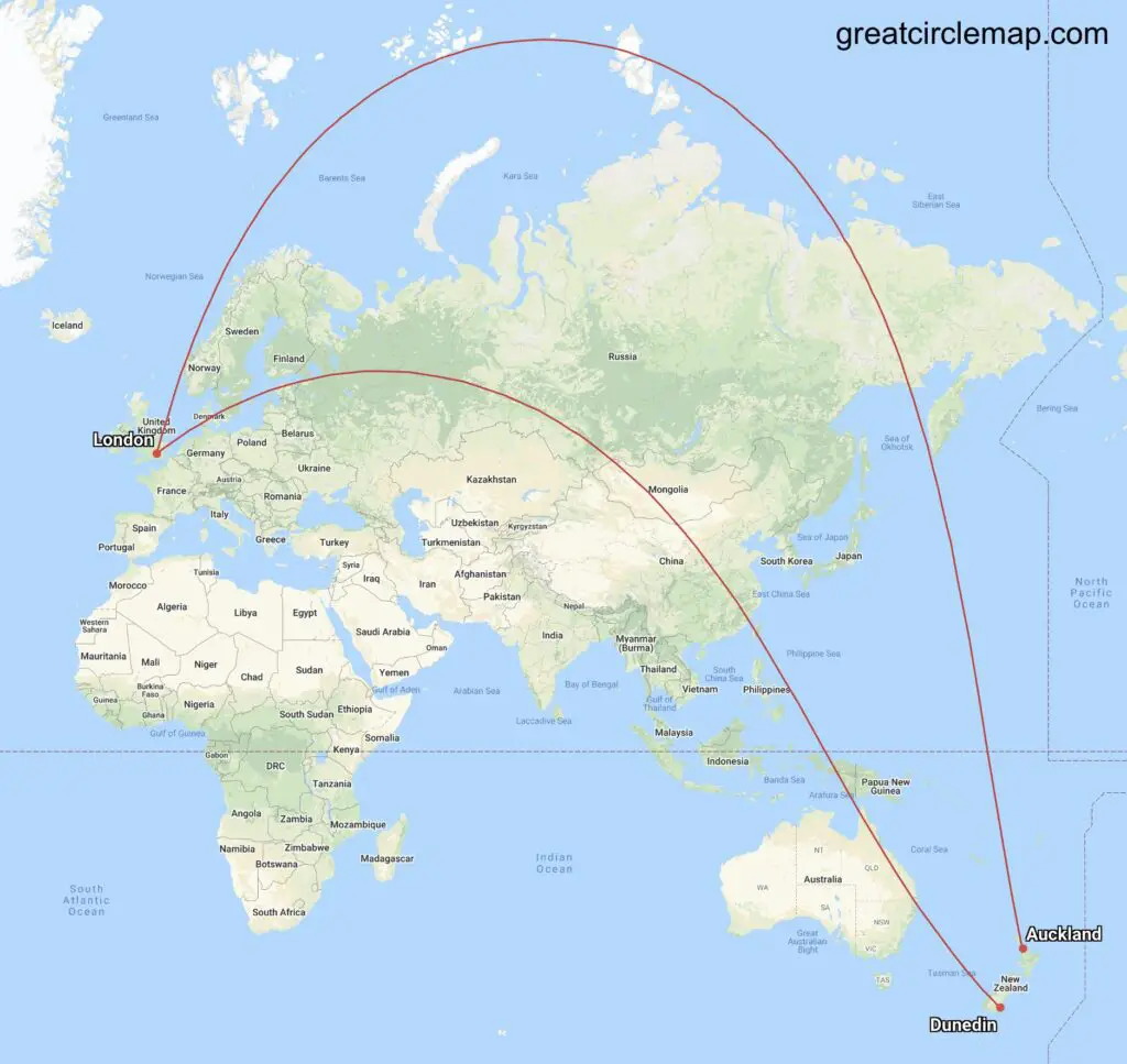 Map of shortest flightpaths from London to Auckland and Dunedin