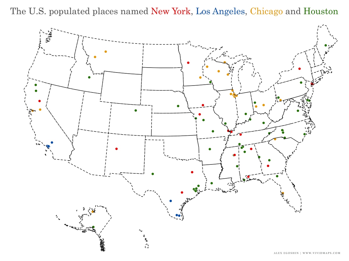 The lengths and uniqueness of the U.S. populated places' names mapped ...