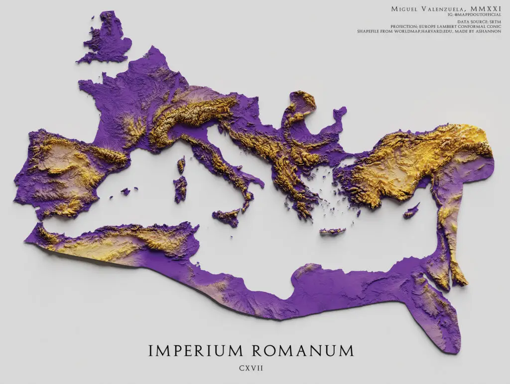 Topographical relief map of the Roman Empire showing mountains, plains, and coastlines