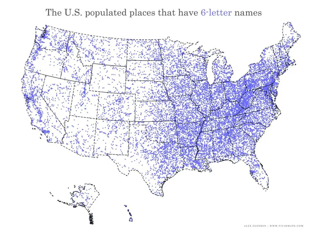 The U.S. populated places that have 6-letter names.