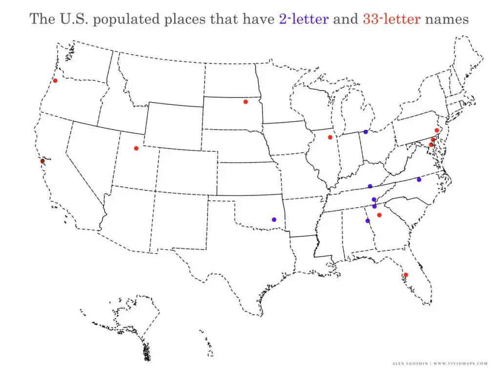 The U.S. populated places that have 2-latter and 33-letter names