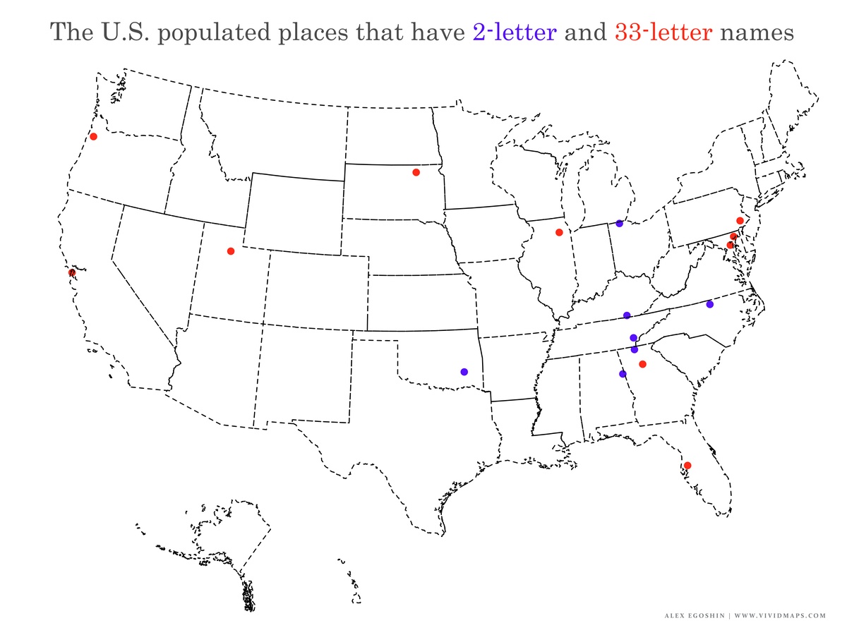 The lengths and uniqueness of the U.S. populated places' names mapped ...