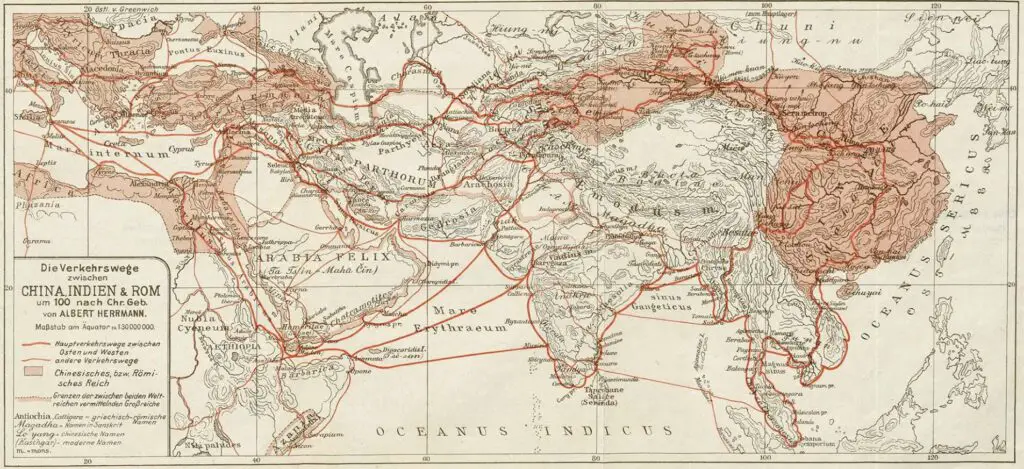 Trade routes between China, India and Rome around the year 100 mapped