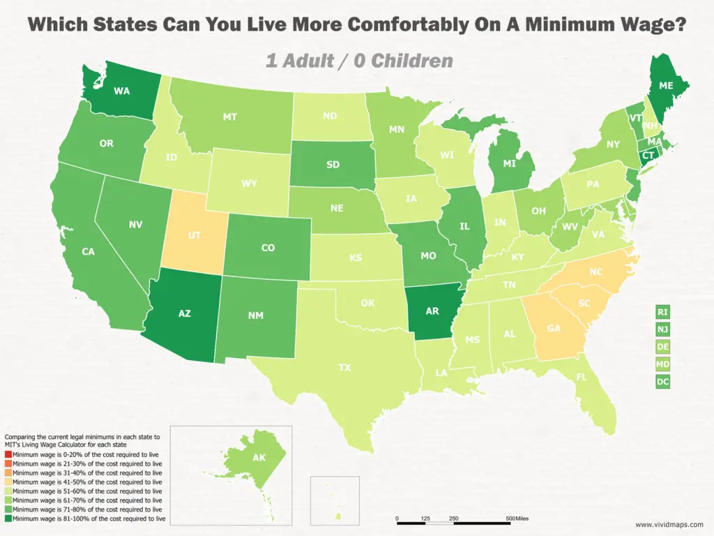 Which States Can You Live More Comfortably On A Minimum Wage: 1 Adult / 0 Children