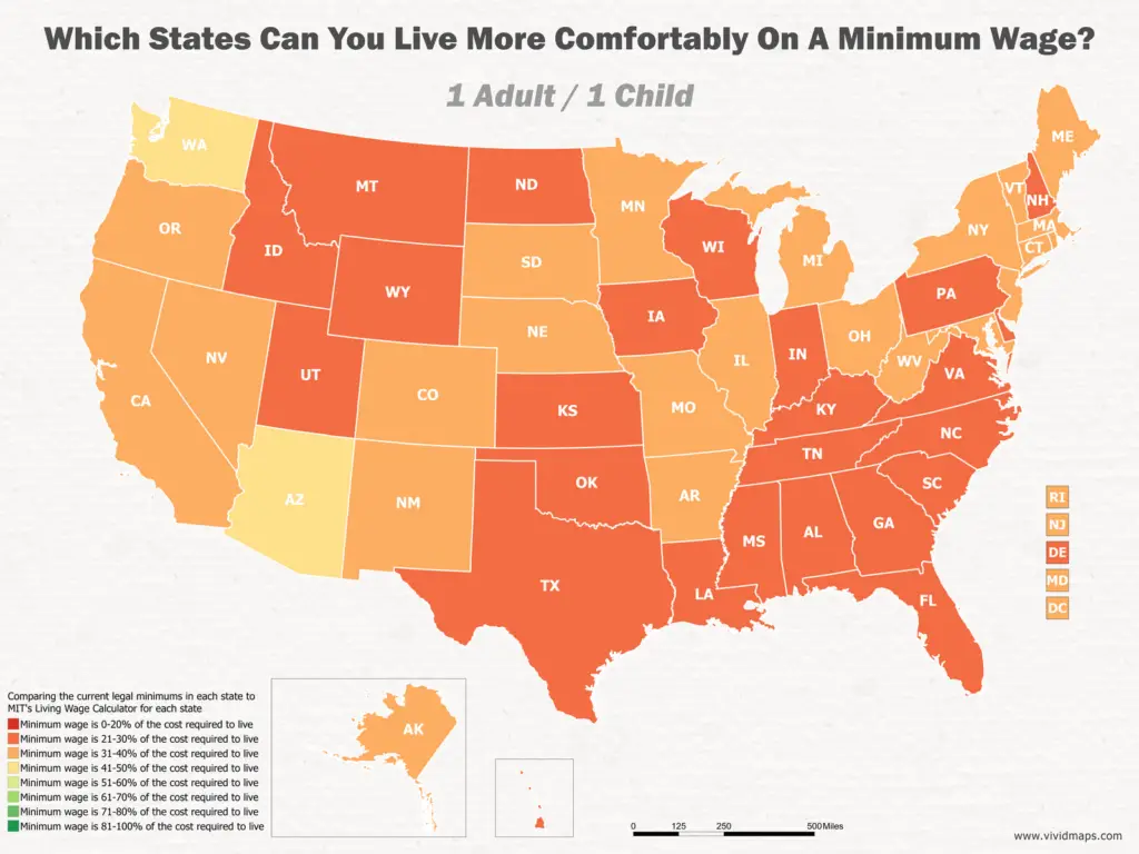 Which States Can You Live More Comfortably On A Minimum Wage: 1 Adult / 1 Child