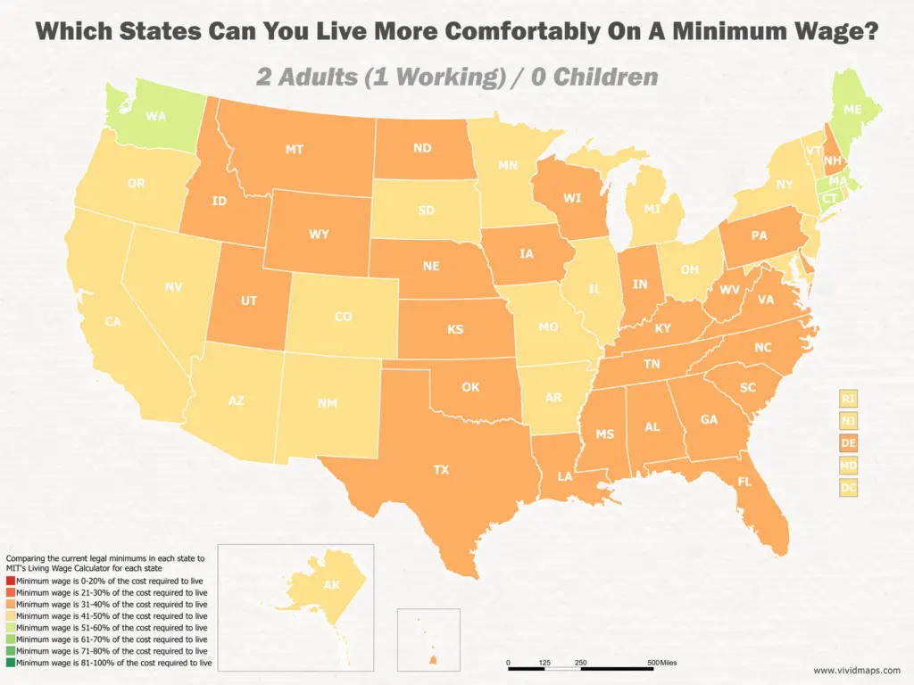 Which States Can You Live More Comfortably On A Minimum Wage: 2 Adults (1 Working) / 0 Children