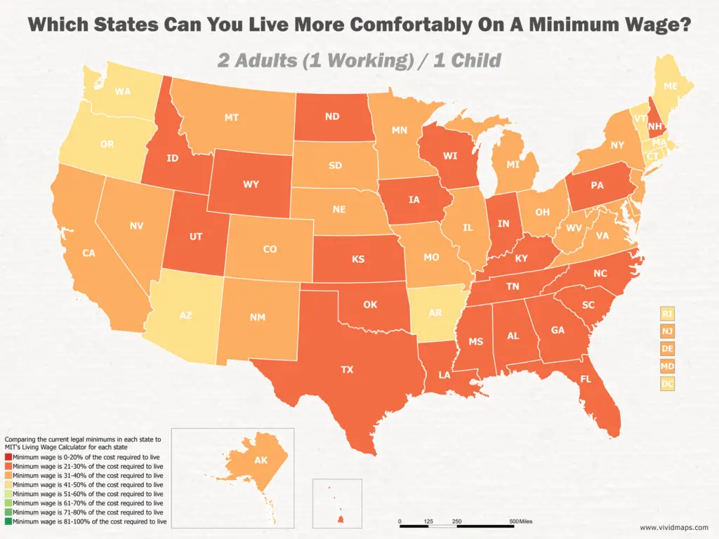 Which States Can You Live More Comfortably On A Minimum Wage: 2 Adults (1 Working) / 1 Child