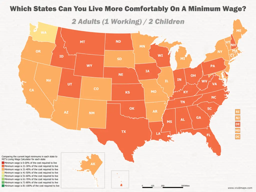 Which States Can You Live More Comfortably On A Minimum Wage: 2 Adults (1 Working) / 2 Children