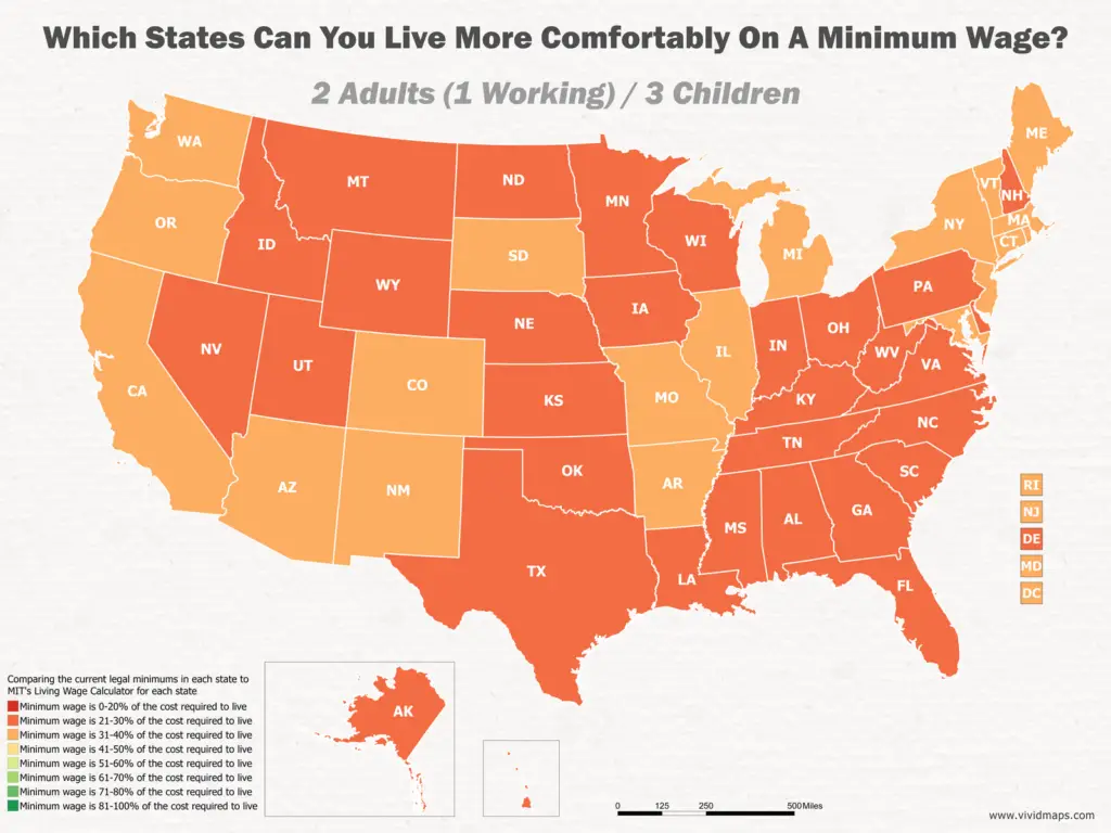 Which States Can You Live More Comfortably On A Minimum Wage: 2 Adults (1 Working) / 3 Children