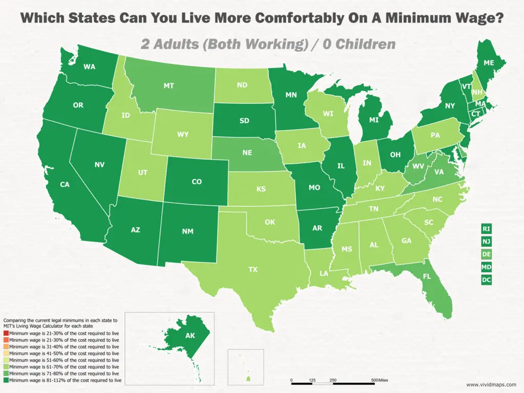 Which States Can You Live More Comfortably On A Minimum Wage: 2 Adults (Both Working) / 0 Children