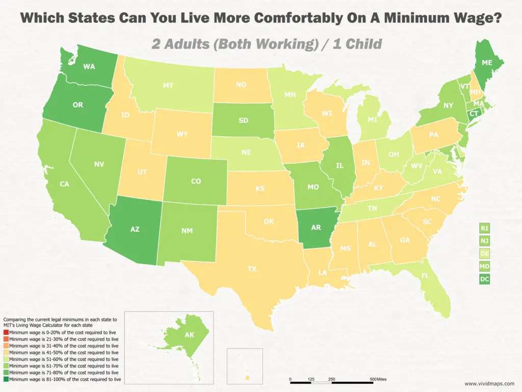 Which States Can You Live More Comfortably On A Minimum Wage: 2 Adults (Both Working) / 1 Child