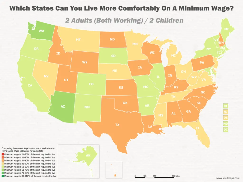 Which States Can You Live More Comfortably On A Minimum Wage: 2 Adults (Both Working) / 2 Children