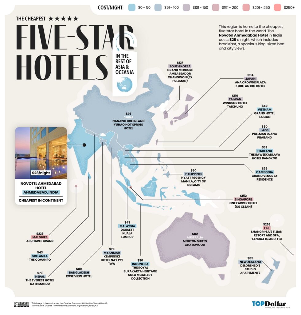 The cheapest five-star hotels in Asia and Oceania mapped