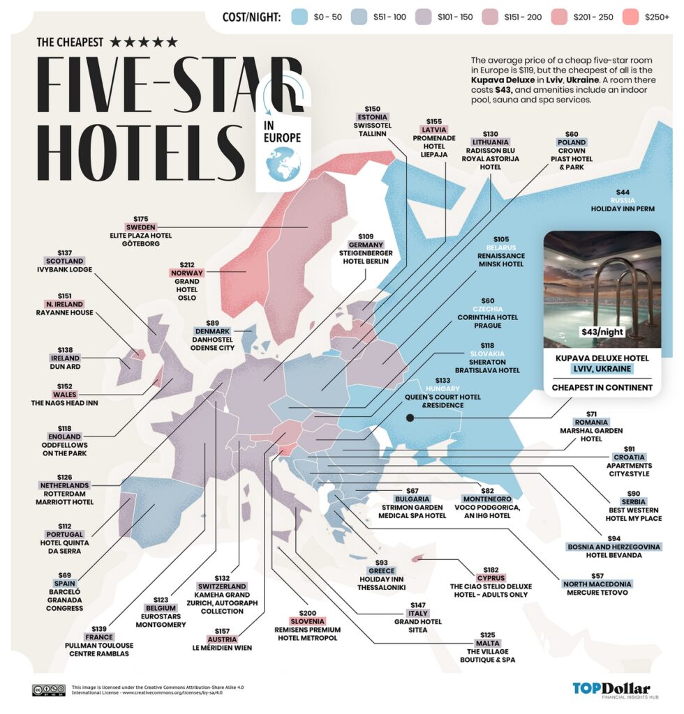 The cheapest five-star hotels in Europe mapped