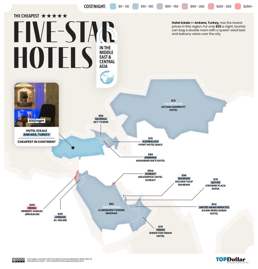 The cheapest five-star hotels in the Middle East and Central Asia  mapped