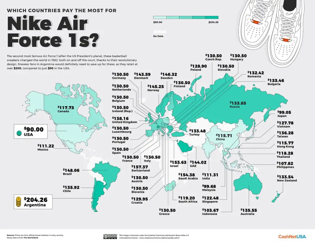 World map: Which countries pay the most for Nike Air Force 1s?